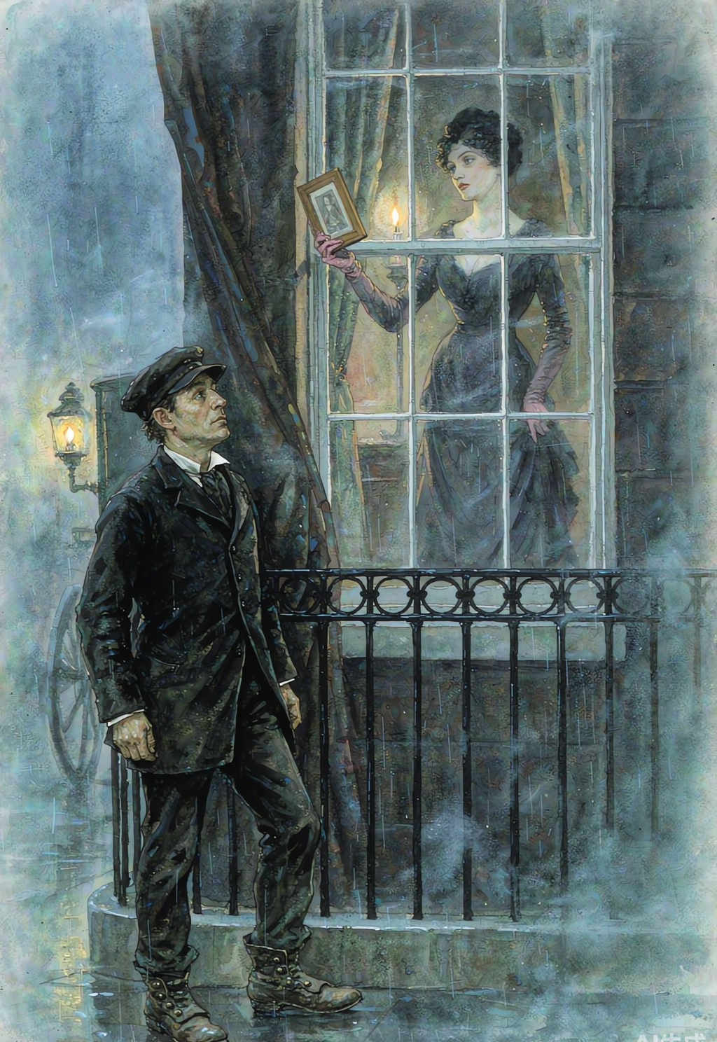 In gaslit fog, Irene Adler holds up a framed photograph at her window while Sherlock Holmes, disguised in a groom's coat and cap, looks up from the pavement below.