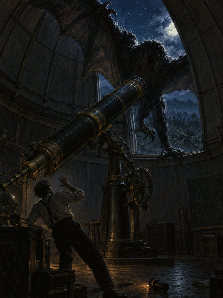 A lone observer recoils as a huge winged creature enters a dark mountain observatory above a brass telescope.