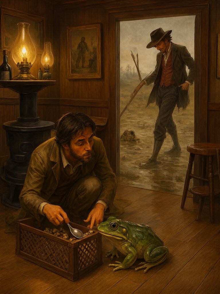 A sly stranger on a saloon floor spoons lead shot into a frog's mouth while, outside, a gambler searches a muddy swamp for another frog.