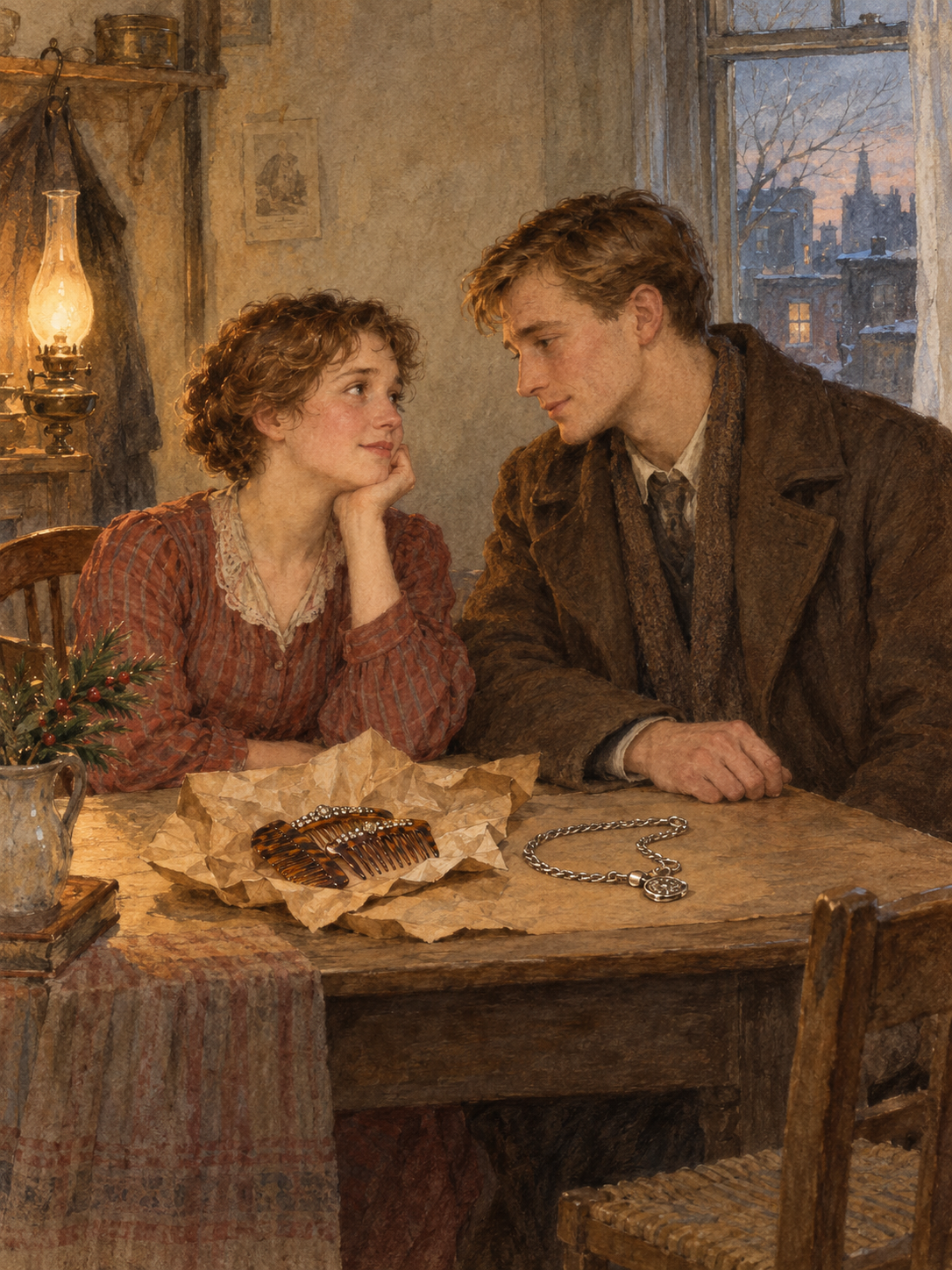 Watercolor of a modest young couple sharing a tender Christmas moment beside ornamental hair combs and a silver watch chain.