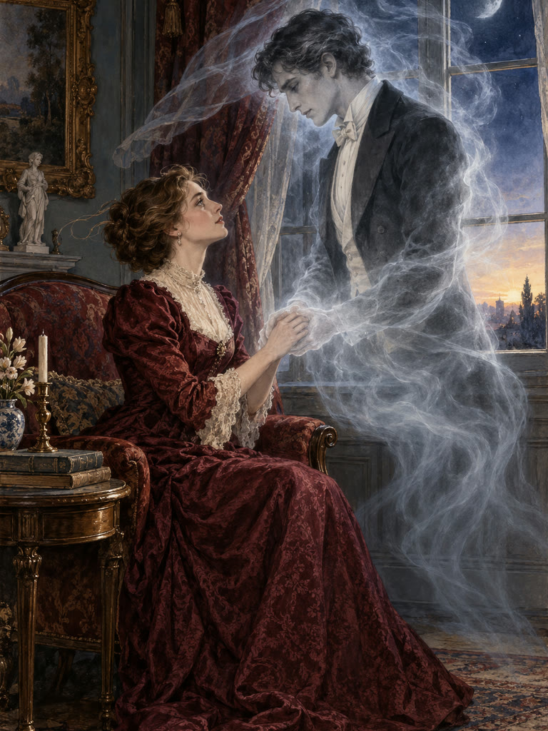 A seated lady clasps the misty hands of a young ghost in evening dress as moonlight gives way to dawn.