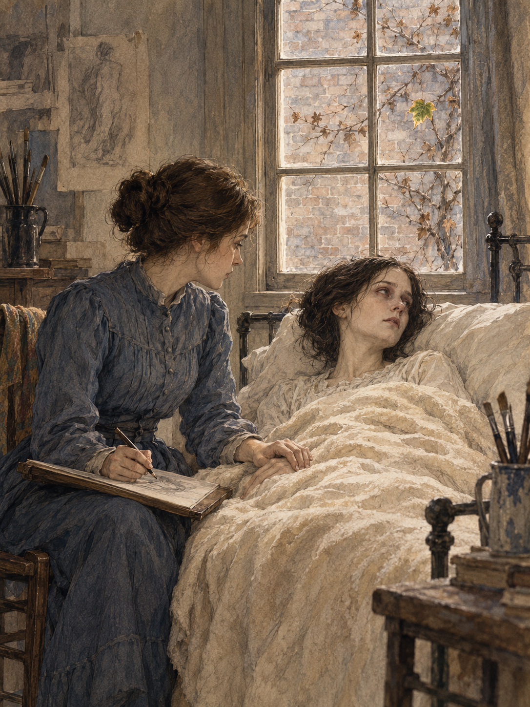 A young artist draws beside her ill friend in a quiet studio, with autumn ivy beyond the window.