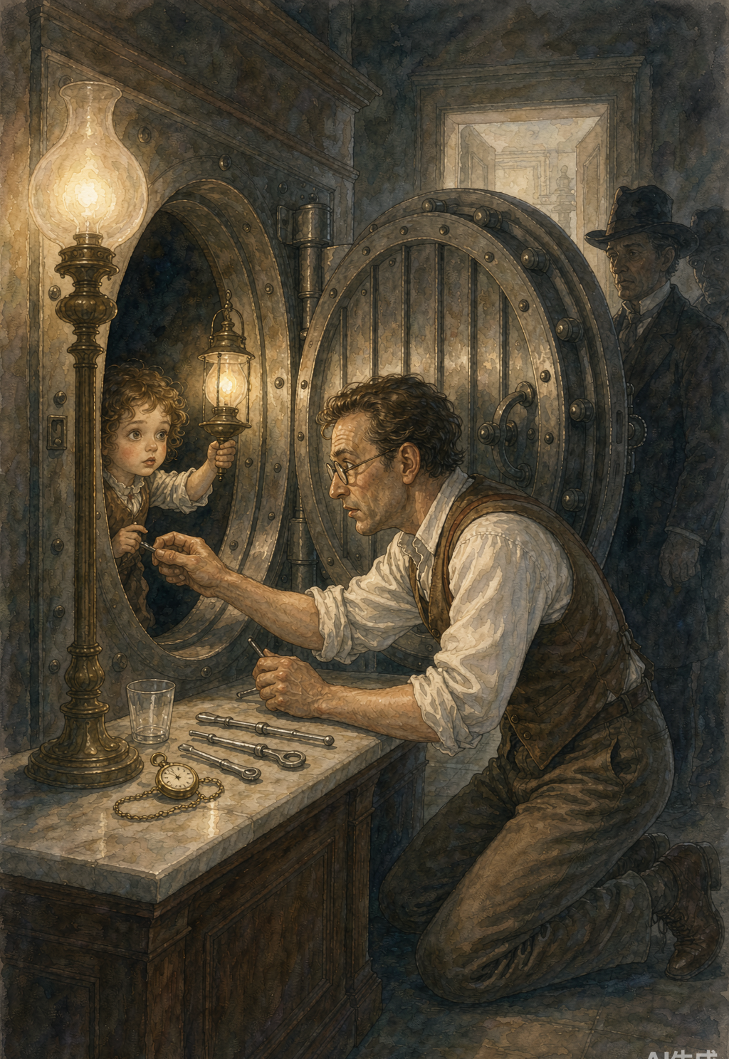 Watercolor of a man kneeling before an open steel bank vault, reaching toward a child holding a lantern inside the vault, with his safe-cracking tools laid on the marble counter.