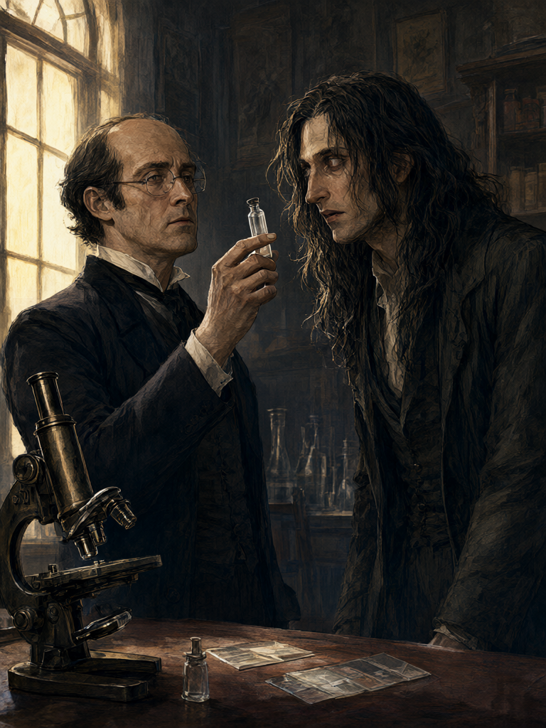 A Victorian bacteriologist holds a sealed glass tube while a pale visitor stares at it across a laboratory bench.