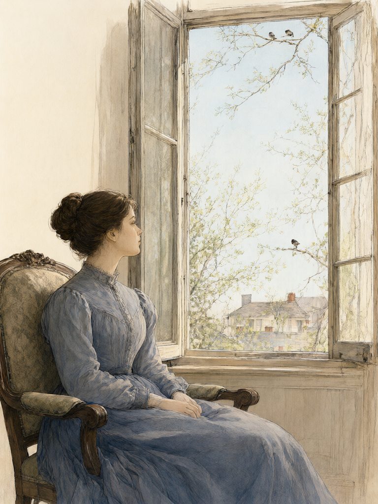 A woman in a blue-gray Victorian dress sits beside an open window, looking toward spring branches and a pale sky.