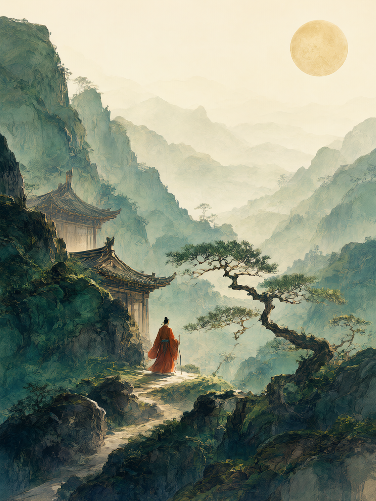 A scholar approaches a mountain temple beneath the moon