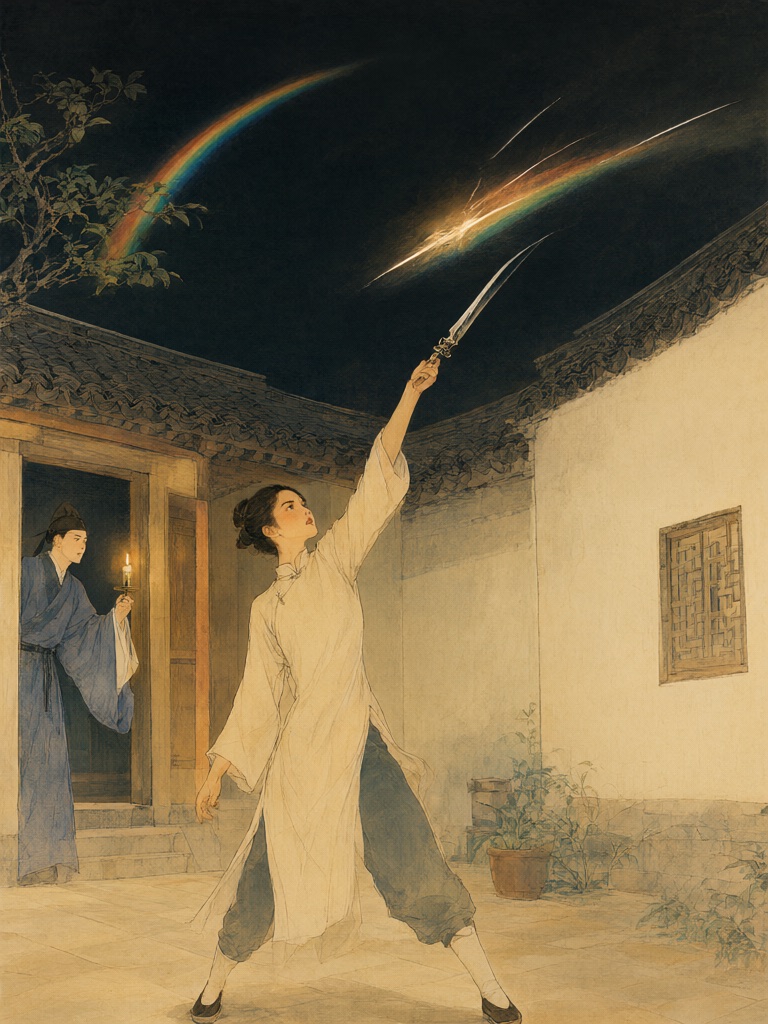 In a dark courtyard, a stern young woman flings a shining dagger into the sky while a startled scholar holds a candle in the doorway.
